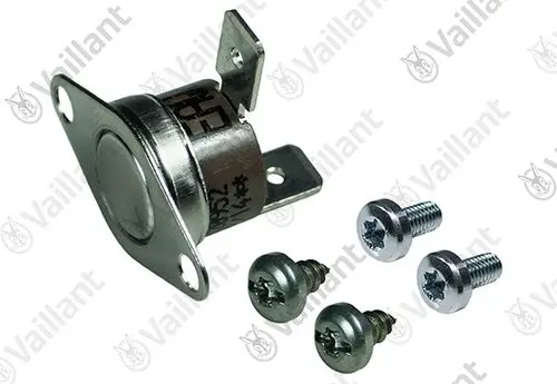 Vaillant Sensor mit Metallgehäuse und zwei Anschlüssen, begleitet von drei Schrauben zur Montage.